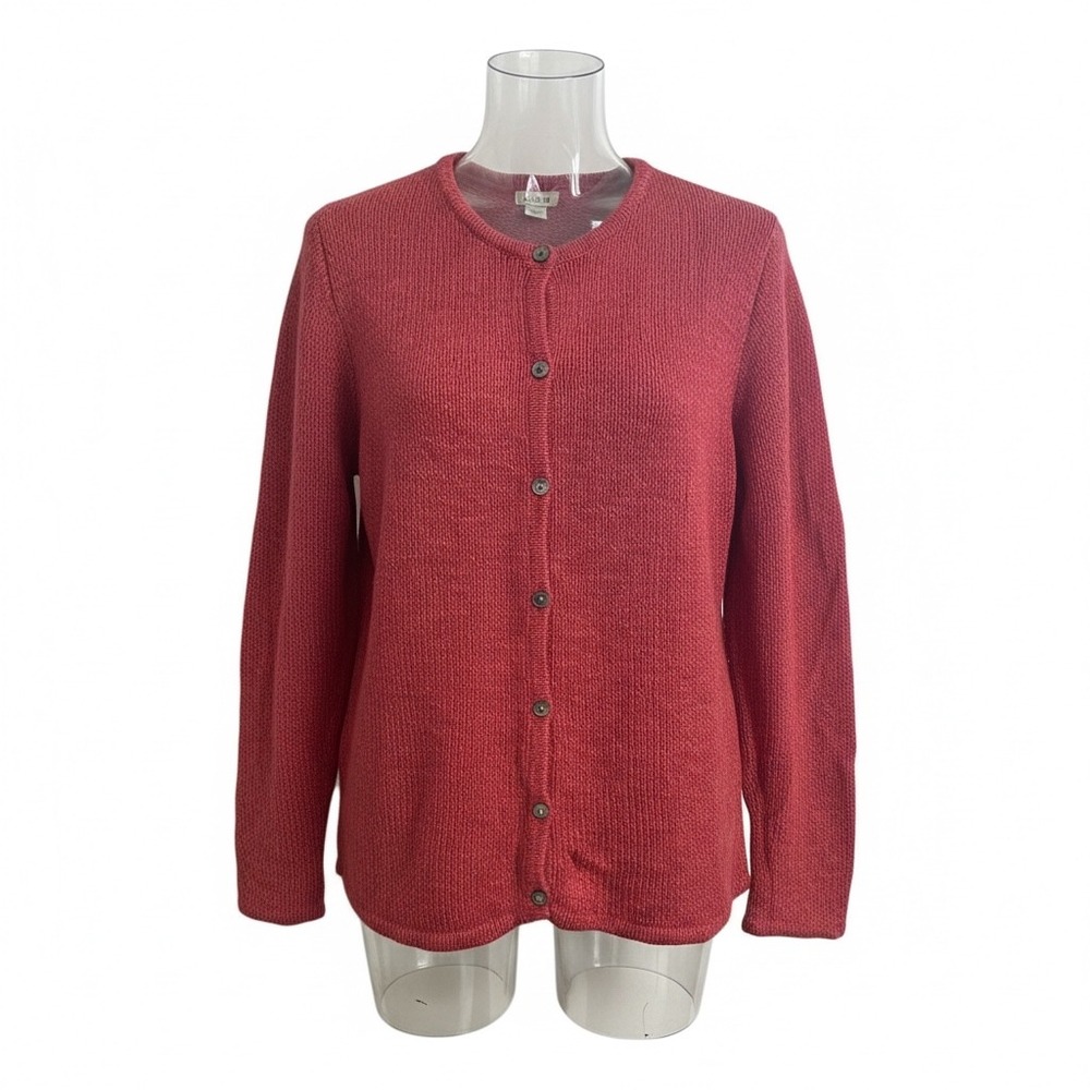 L.L.Bean Women Cotton‎ Knit Crew Neck Button Cardigan Coral Red Medium